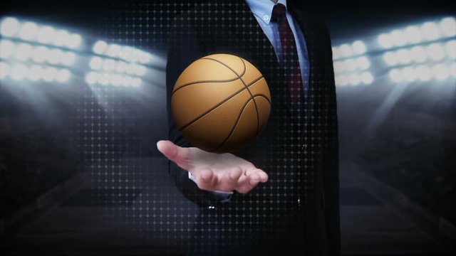 Businessman open palm, basketball.