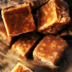 Sweet caramel candies.  Salted caramel pieces and sea salt close