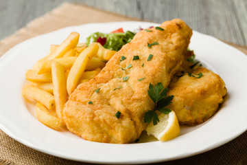 Fried cod with chips.