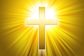 Golden latin cross with sunbeams. Christian cross, the symbol of Christianity, also called  Roman cross in front of beams of light.