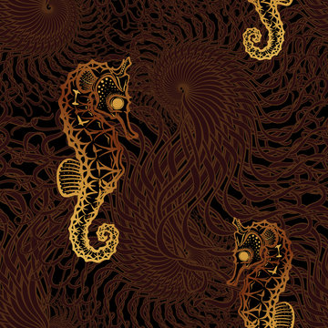 Golden Sea horse seamless pattern