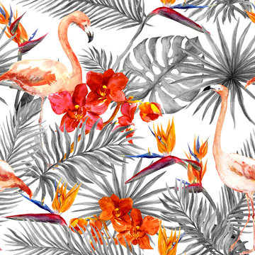 Flamingo, tropical leaves, exotic flowers. Seamless black-white background. Watercolor