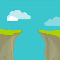Abyss, gap or cliff concept with sky and clouds. Vector colorful illustration in flat style