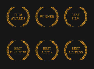 Fototapeta na wymiar Film academy awards winners and best nominee gold wreaths on black background.