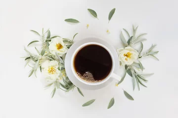 Rolgordijnen Morning coffee and white wild roses © epitavi