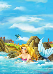 Cartoon fantasy scene of swimming mermaid - beautiful manga girl - illustration for children