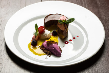 Chocolate souffle and ice cream