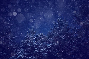 Zelfklevend Fotobehang nacht sneeuwval bomen achtergrond © kichigin19