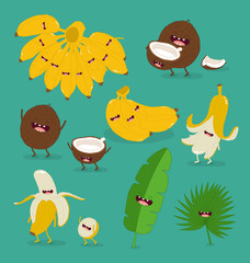 Funny fruits set. Bananas, coconuts and leafs. Vector illustrations.