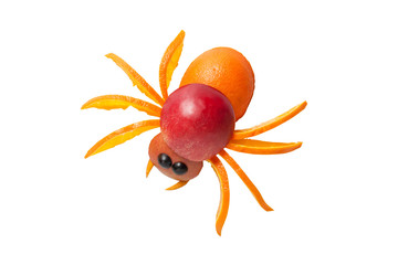 Spider made of orange and apple on white background