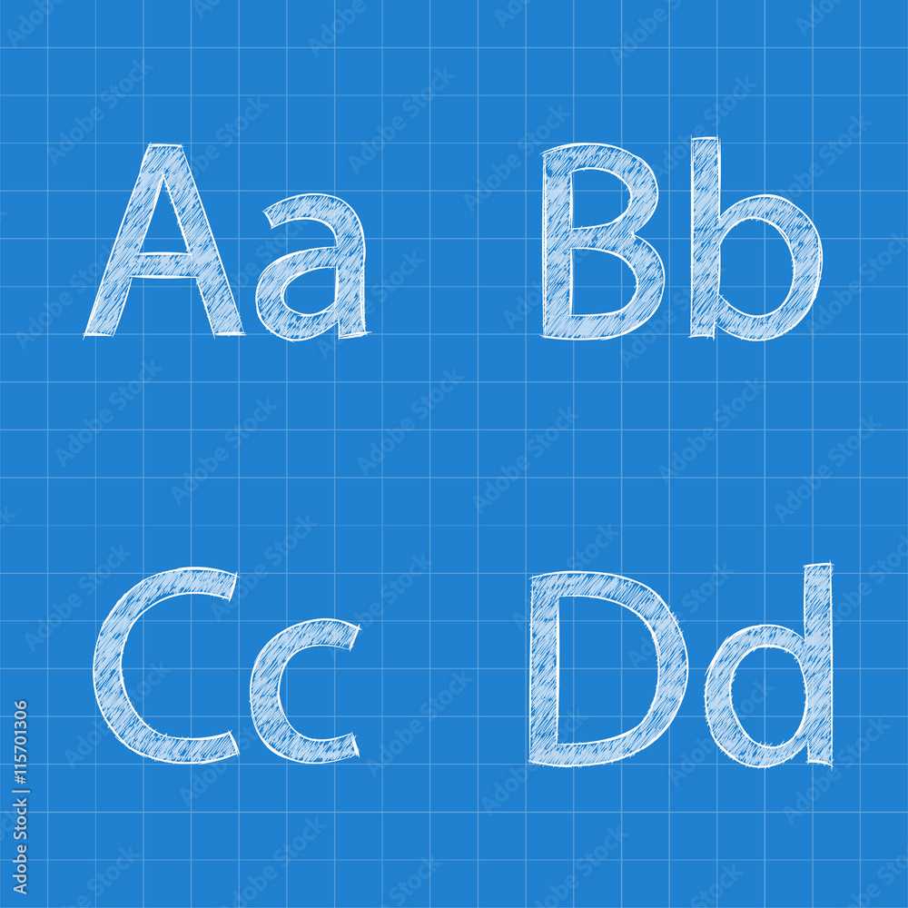 Fototapete sketched letters a b c d on blueprint background