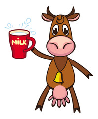 Funny cartoon cow drinking cup of milk. Vector clip art.