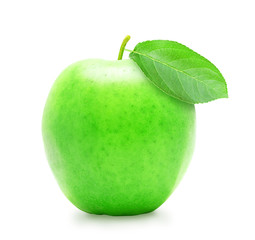 Fresh green ripe apple with leaf on white background. Design element for product label, catalog print, web use.
