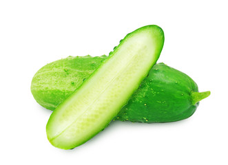 Fresh green ripe cucumber and slice isolated on white background. Design element for product label, catalog print, web use.
