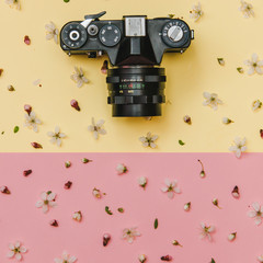 Geometric Flat lay set: vintage camera and flowers on pink and yellow backgrounds. Top view.