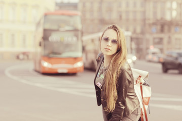 Portrait of a young woman in St. Petersburg, Russia Tourism