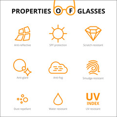 Vector eye care, glasses properties, ophthalmology infographics. Optometry Icons. Sun glasses, driver's glasses