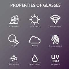 Vector eye care, glasses properties, ophthalmology infographics. Optometry Icons. Sun glasses, driver's glasses