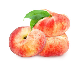 Three fresh ripe peaches in heap with green leaf isolated on white background.  Design element for product label, catalog print, web use.