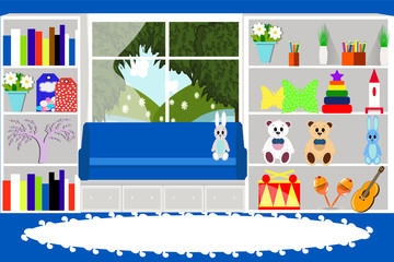 Living room interior in blue color. Toys, baby room vector