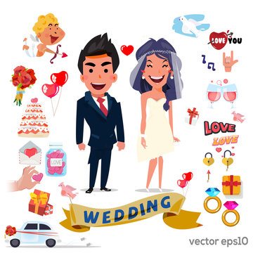 cute wedding couple character with set of wedding ceremony eleme