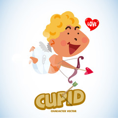 cupid character with heart speech bubble and typographice design