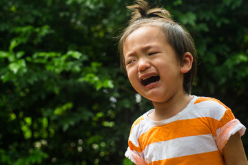 "Asian baby boy crying in the garden
"
