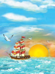 Plakaty  Kreskówka fantasy scena żeglugi tradycyjnym statkiem - dobra dla różnych bajek - ilustracja dla dzieci