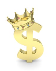 Isolated golden dollar sign with crown on white background. American currency. Concept of investment, american market, savings. Power, luxury and wealth. Crown with gems. 3D rendering.
