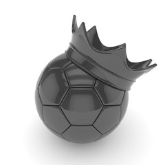 Black soccer ball with black crown on white background. 3D rendering.