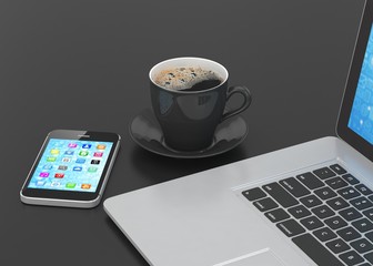 Laptop smartphone and coffee cup on black. 3d rendering.