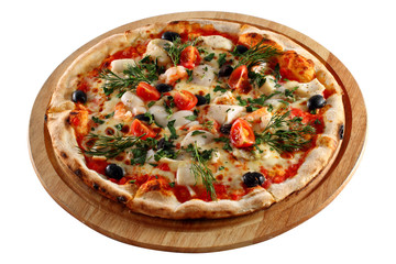 Delicious pizza with cheese and cherry tomatoes isolated on white