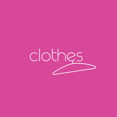 Fashion vector logo template concept with clothes hanger. Clothing corporate logo design in simple rounded style. Sale badge, banner or poster for boutique marketing company. Pink-purple background.
