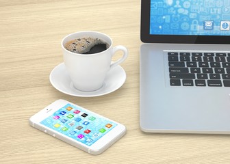 Laptop smartphone and coffee cup on wood. 3d rendering.