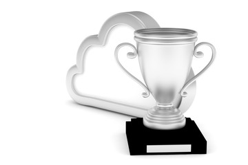 Isoalted silver cup with cloud on white background.  Concept of cloud storage competition. Leader cloud drive. Best storage contest. 3D rendering.