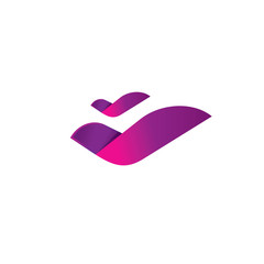 Rose flower, two birds flying logo template abstract identity element. Natural fluid elegant vector wave ribbon. Purple violet wings icon. Beauty tick or checkmark emblem, image design concept.