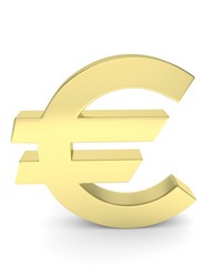Isolated golden euro sign on white background. European currency. Concept of investment, european market, savings. Power, luxury and wealth. 3D rendering.