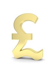 Isolated golden pound sign on white background. British currency. Concept of investment, european market, savings. Power, luxury and wealth. Great Britain, Nothern Ireland. 3D rendering.