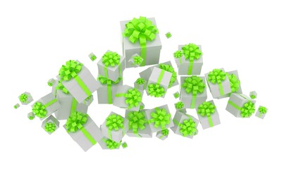 flying gift boxes on white. 3d rendering.