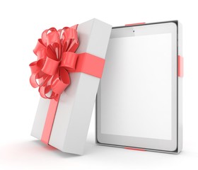 Tablet in white gift box with red bow and ribbons on white. 3D rendering.