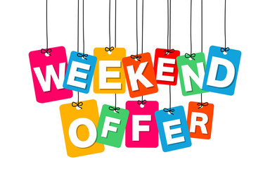 Vector colorful hanging cardboard. Tags - weekend offer