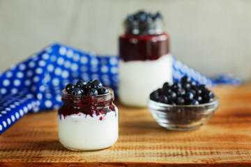 Yogurt with berries and jam, glass of healthy Breakfast every mo