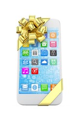 White phone with golden bow and icons. 3D rendering.