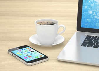 Laptop smartphone and coffee cup on wood. 3d rendering.
