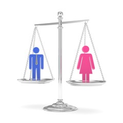 Isolated old fashioned silver pan scale with colorful man and woman on white background. Gender inequality. Equality of sexes. Law issues. Silver model. 3D rendering.