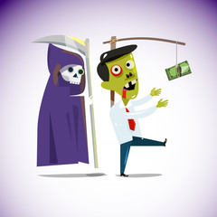 zombie businessman chasing a money hanging from a stick with gri