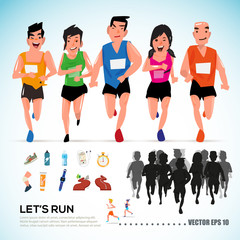 Fototapeta premium happy runner group with running kit elements and silhouette. cha
