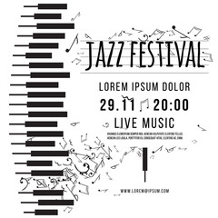 Jazz music festival, poster background template. keyboard with music notes. vector