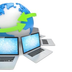 Laptop network around earth globe. 3d rendering.