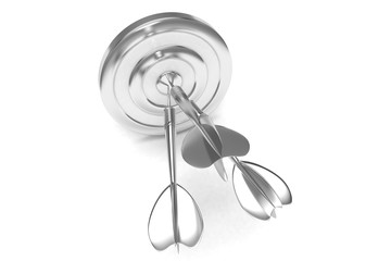 Three arrows darts in center. 3d rendering.